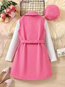 SHEIN 女大童素色T恤&前紐扣腰帶外套馬甲&帽 - 玫紅色 - 查看 2