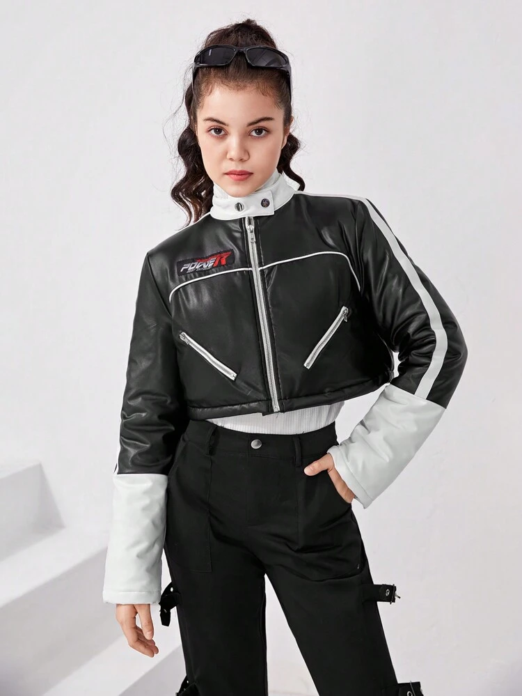 Teen Girl Zip Up Contrast Piping PU Leather Padded Coat
