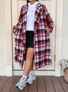 Flirla Plus Plaid Print Lapel Neck Overcoat Fall Cloth For Women - Multicolor - View 7