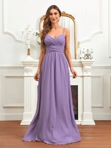 SHEIN Belle Ruched Bustier Chiffon Bridesmaid Dress - Purple - View 3