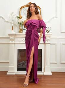 SHEIN Belle Off Shoulder Ruffle Trim Split Thigh Satin Formal Dress