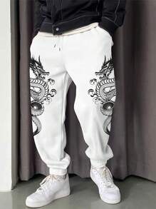 Manfinity EMRG 男士龍圖案腰部抽繩衛褲 - 白色 - 查看 1