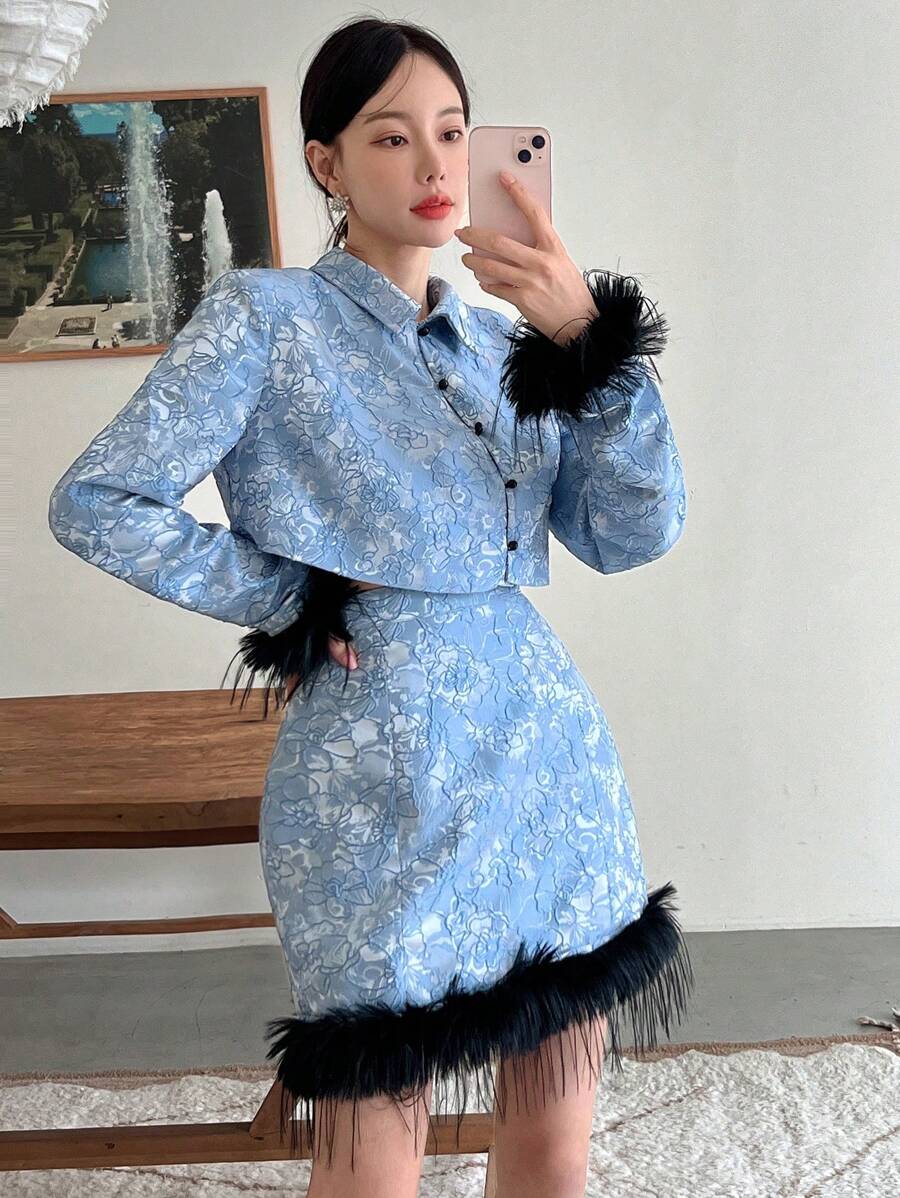 EastFlair Hoa Dệt hoa Trang trí Fuzzy Áo Jacket Crop & Váy - Nhiều màu - Xem 1