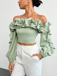 Firerie Camisa crop de hombros descubiertos ribete con fruncido de manga farol - verde menta - Ver 6