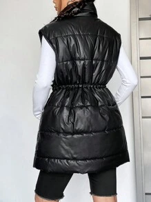 SHEIN EZwear 字母圖案拉鏈開襟羽絨背心大衣 - 黑色 - 查看 2