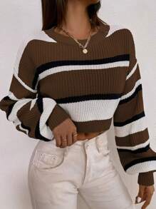 RueChic 撞色落肩袖短款毛衣 - 棕色 - 查看 4