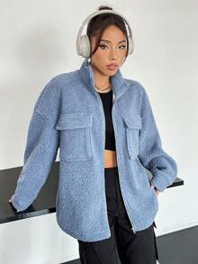 SHEIN Unity Flap Pocket Drop Shoulder Teddy Coat - Blue - View 6