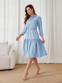 SHEIN Privé Flap Pocket Ruffle Hem Denim Dress - Light Wash - View 5