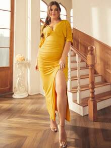 S BETRO Hơn Xù Tách đùi Đầm - Màu vàng - Xem 4