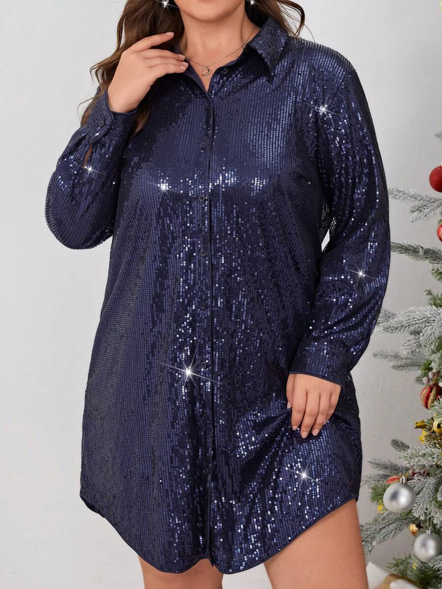 SHEIN LUNE Plus Robe Chemise À Sequins - Bleu marine - Voir 1