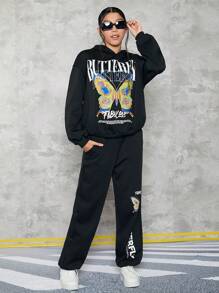 SHEIN 青少年女孩標語和蝴蝶印花落肩袖連帽衫和運動褲 - 黑色 - 查看 3