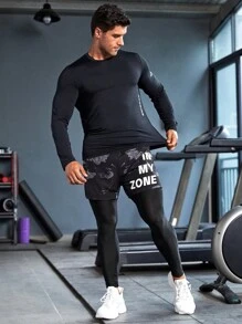 SHEIN Fitness Men Slogan Graphic 2 In 1 Sports Trousers With Phone Pocket - Black - View 4