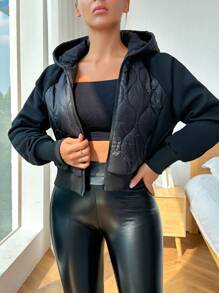 SHEIN Essnce 拉链连帽短款绗缝加厚外套 冬季 - 黑色 - 查看 5