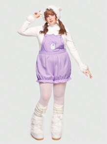 ROMWE X Care Bears Plus Cartoon Embroidered Ruffle Trim Overall Romper - Purple - View 1