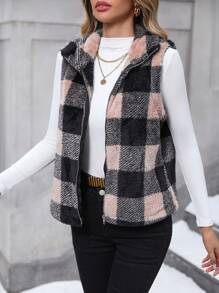 SHEIN LUNE 大方格圖案拉鍊絨毛夾克背心 - 彩色 - 查看 1