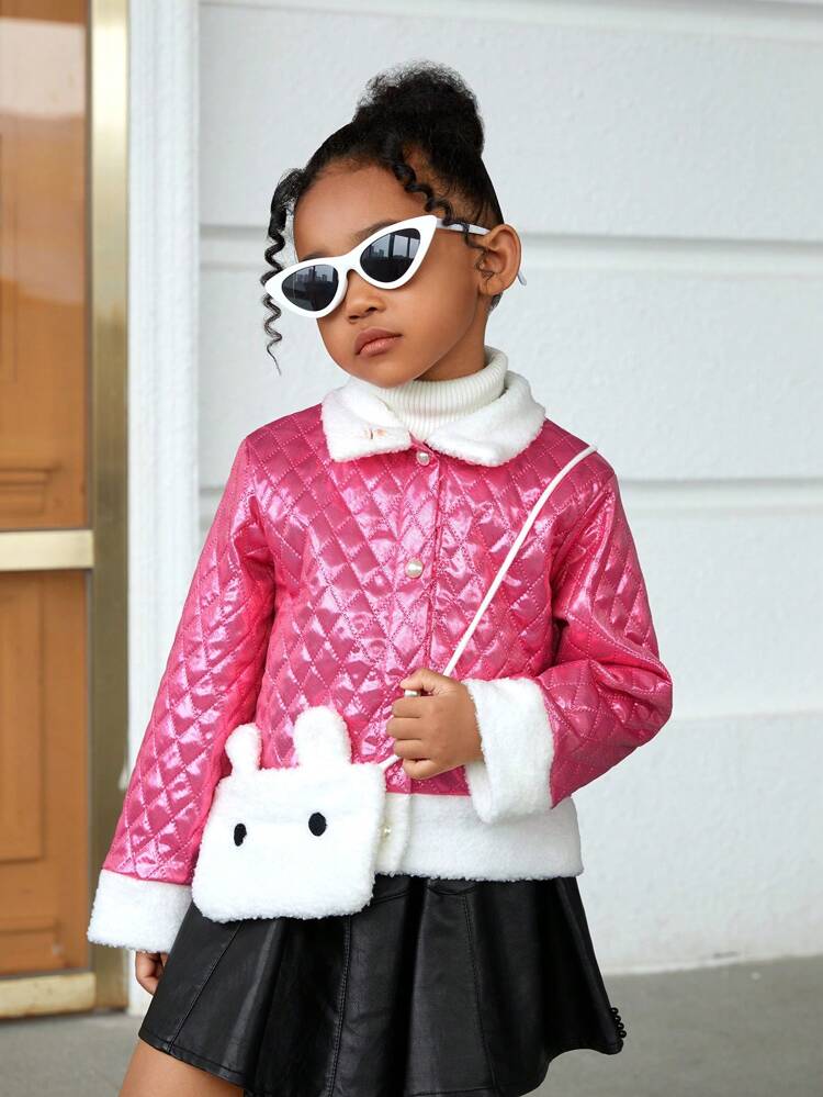 Young Girl Borg Collar Contrast Fuzzy Trim Jacket With Bag