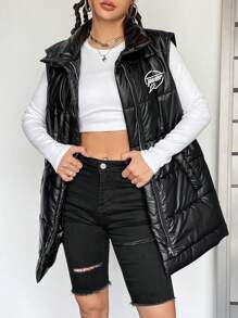 SHEIN EZwear 字母圖案拉鏈開襟羽絨背心大衣 - 黑色 - 查看 4