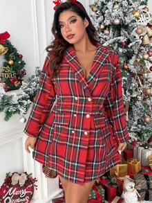 Celure Plus Tartan Print Double Breasted Overcoat - Multicolor - View 5