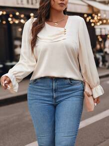 Celure Plus Asymmetrical Neck Flounce Sleeve Ruched Front Blouse - Apricot - View 1