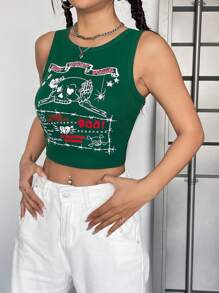 SHEIN Coolane Áo crop top họa tiết chữ cái - màu xanh lá - Xem 4