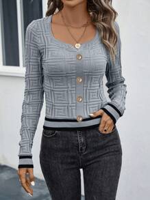 SHEIN LUNE 條紋圖案紐扣細節套頭毛衣 - 灰色 - 查看 4