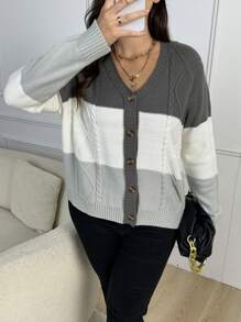 SHEIN LUNE Plus Colorblock Cable Knit Raglan Sleeve Cardigan - Multicolor - View 1