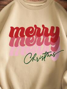 SHEIN EZwear 大碼字母圖案加絨內裏運動衫 - 卡其色 - 查看 4