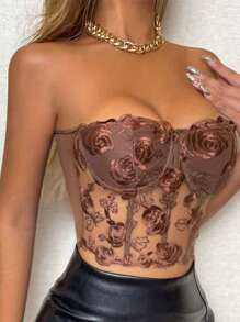 Allurite Top bandeau con bordado floral de malla - Café integral - Ver 3