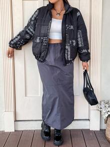 Flirla Plus Paisley Scarf Print Zip Up Padded Padded Coat Clothes Winter Fall Cloth For Women - Black - View 7