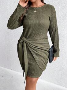 SHEIN LUNE 大碼側打結圍裹下擺緊身洋裝 - 軍綠色 - 查看 1