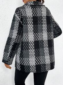 Flirla Plus Plaid Print Drop Shoulder Flap Pocket Coat - Black - View 3