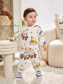 SHEIN 男嬰卡通圖案連帽衫和運動褲 - 杏色 - 查看 6