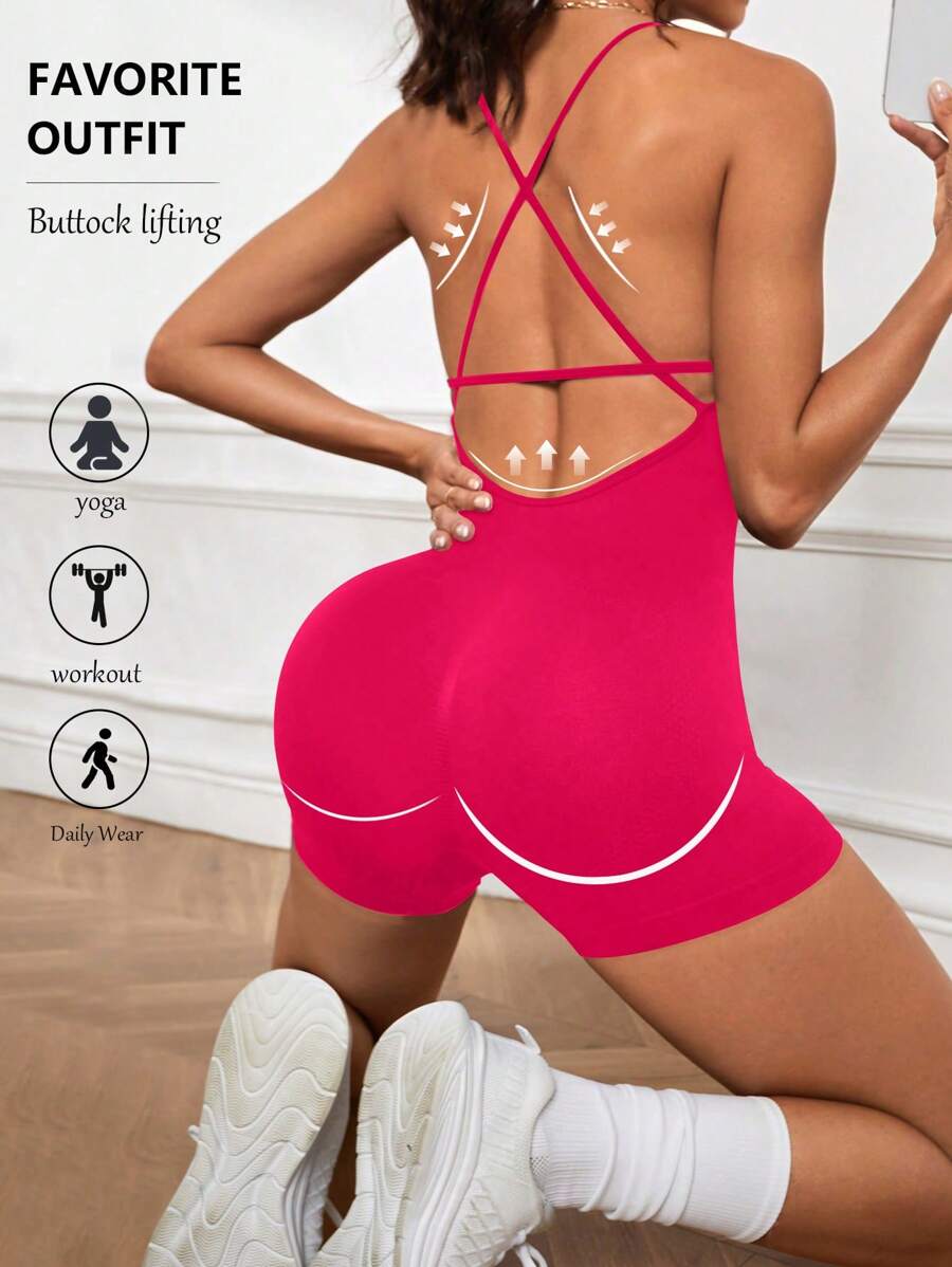 Easithlete Crisscross Backless Sports Romper - Hot Pink - View 1