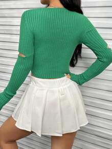 SHEIN Unity Cut Out Ribbed Knit Crop Knit Pullover Fall Winter Sweater - Green - View 2