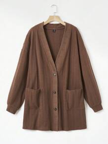 SHEIN LUNE Plus Drop Shoulder Pocket Patched Button Front Coat - Brown - View 1