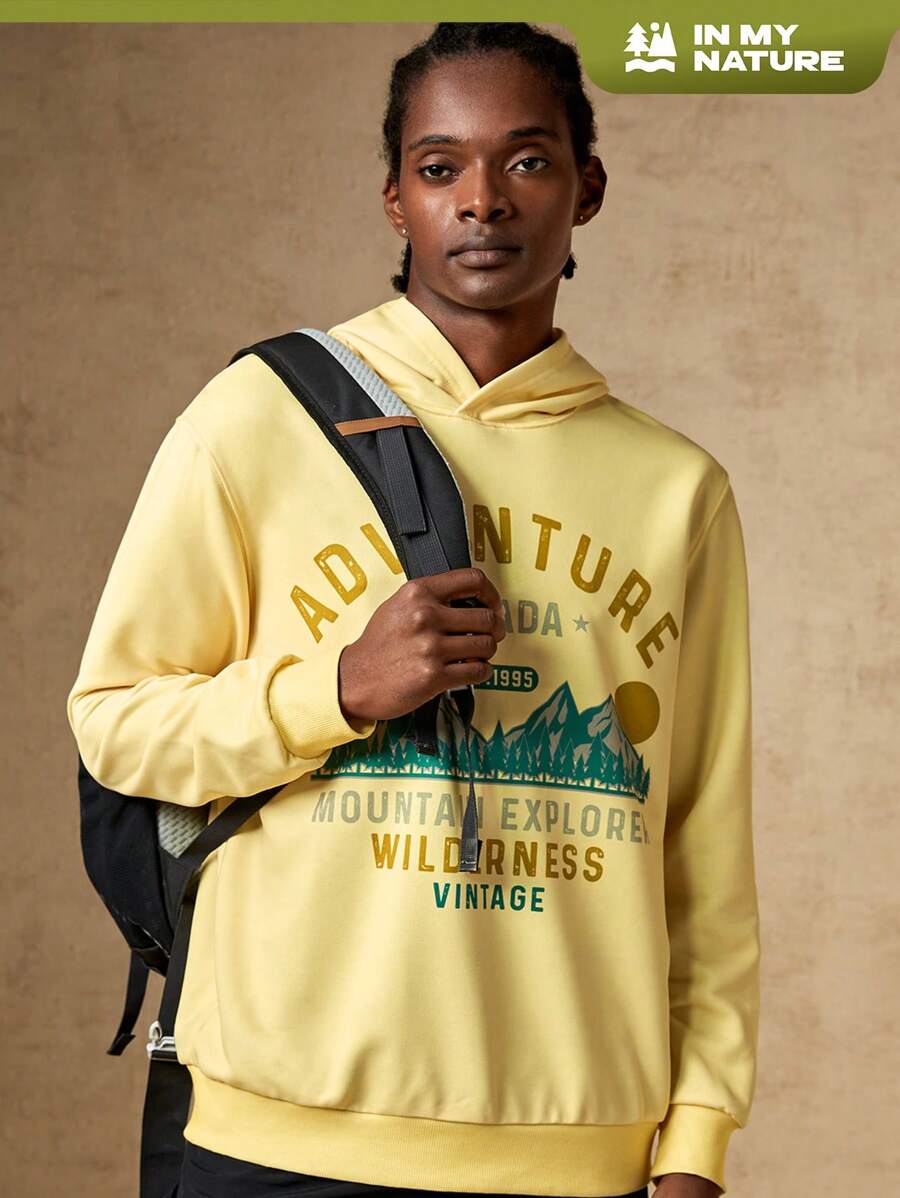 In My Nature Men Letter Graphic Outdoor Hoodie - Yellow - View 1