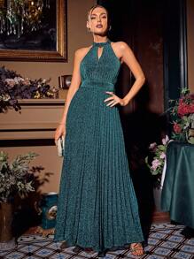 Simplee 鎖眼領金屬亮絲吊脖舞會洋裝 - 綠色 - 查看 1