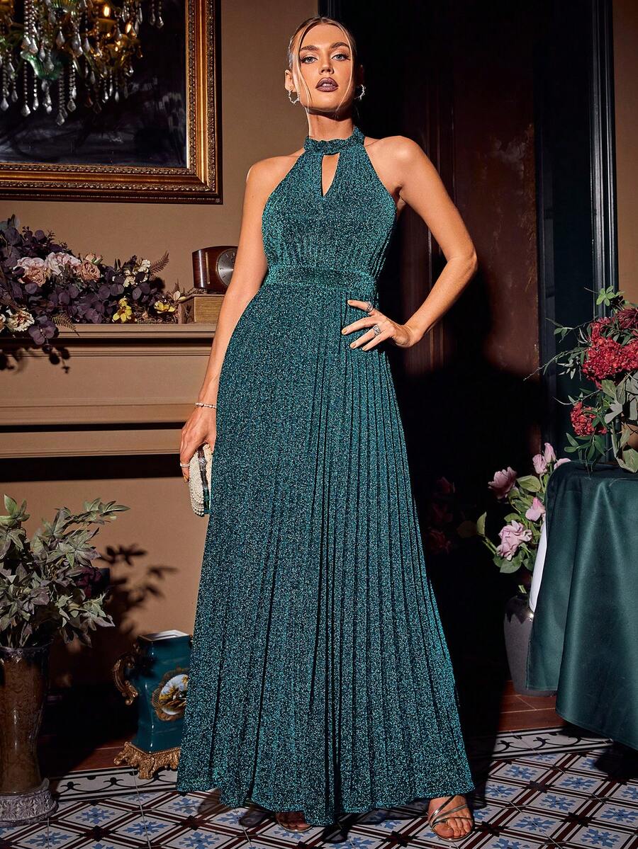 Simplee 鎖眼領金屬亮絲吊脖舞會洋裝 - 綠色 - 查看 1