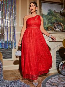 Glamaker 大碼單肩蕾絲覆蓋舞會洋裝 - 紅色 - 查看 5