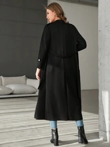 EURMUSE Solid Belted Longline Belted Overcoat - Black - View 2