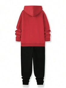 Manfinity Men Letter Graphic Kangaroo Pocket Hoodie & Sweatpants - Red - View 2
