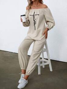 SHEIN Unity Off Shoulder Letter Graphic Jumpsuit - Apricot - View 6