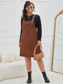 SHEIN EZwear Plus Patched Pocket Corduroy Pinafore Dress Without Tee - Brown - View 4