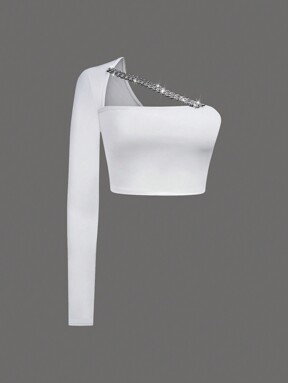 SHEIN ICON White One Shoulder Asymmetrical Chain Detail Crop Tee