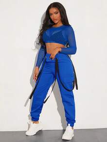 SHEIN SXY 漁網短款上衣&翻蓋口袋工裝褲 - 寶藍色 - 查看 4