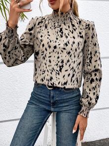 SHEIN LUNE Blusa con estampado de cuello alto - Caqui - Ver 6
