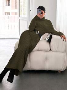 EURMUSE Turtleneck Drop Shoulder Cable Knit Longline Sweater Dress Without Belt - Khaki - View 4