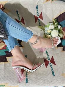 Zapatillas cristal tacón & con diseño de diamante de imitación de punta cuadrada para casual desgaste - Blanco - Ver 6