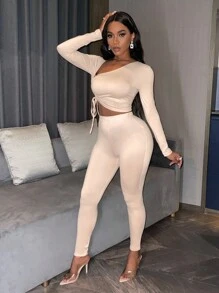 BamGleam Asymmetrical Neck Drawstring Side Crop Tee & Leggings Fall Cloth For Women - Khaki - View 4