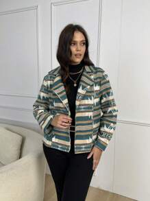 SHEIN LUNE 波西米亞拉鍊條紋 幾何大碼夾克 - 彩色 - 查看 1